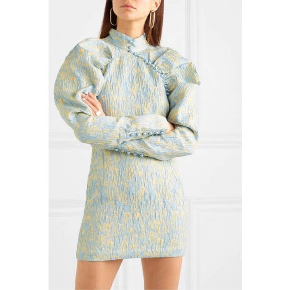 💕ROTATE💕 Button-Detailed Ruched Crinkled-Jacquard Mini Dress Angel Fall 8 NWOT - Picture 3 of 16